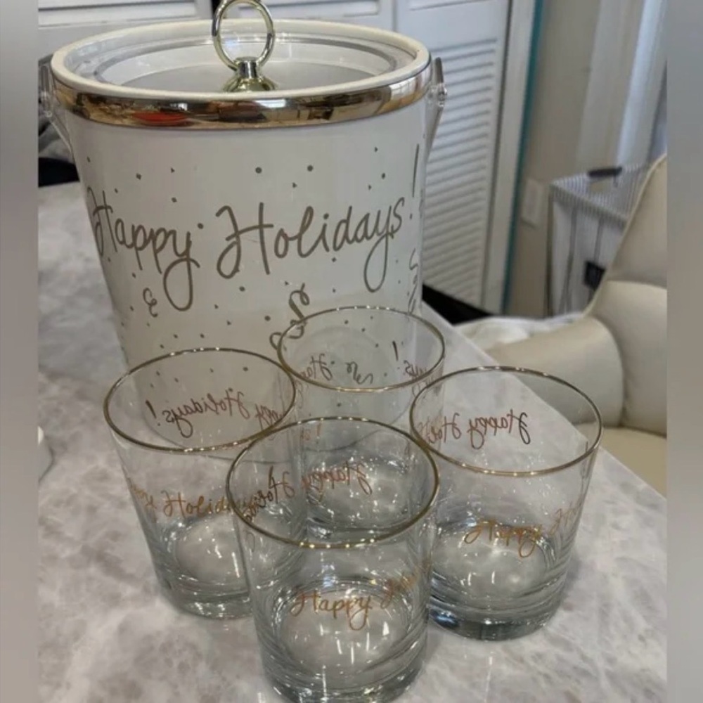 SOLD - In person. Holiday Ice Bucket and Glass Set